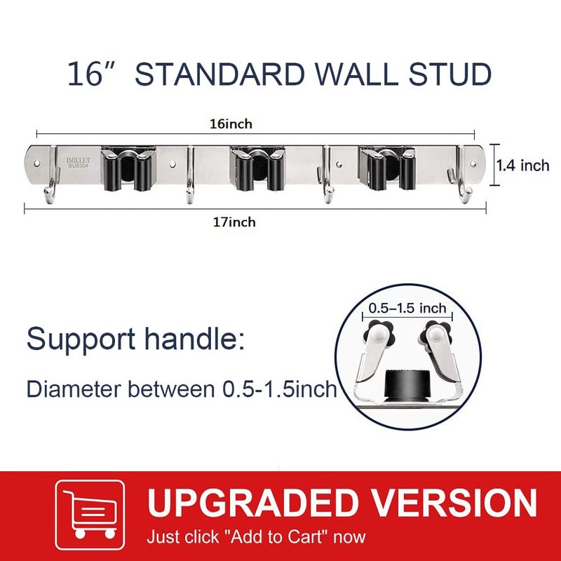 IMILLET 2 Pack Broom and Mop Holder Wall Mounted, Stainless Steel Broom Holder Mop Holder Self Adhesive Heavy Duty Hooks Storage Organizer for Home Laundry Room Garden Garage Closet Kitchen - Image 3